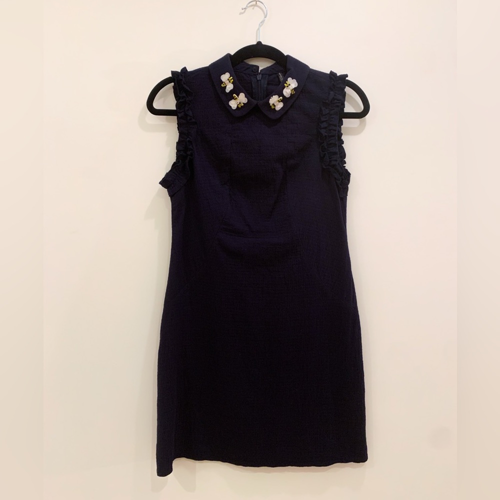 Navy Mini Dress with Ruffle Detail & Beaded Bumblebees on Collar